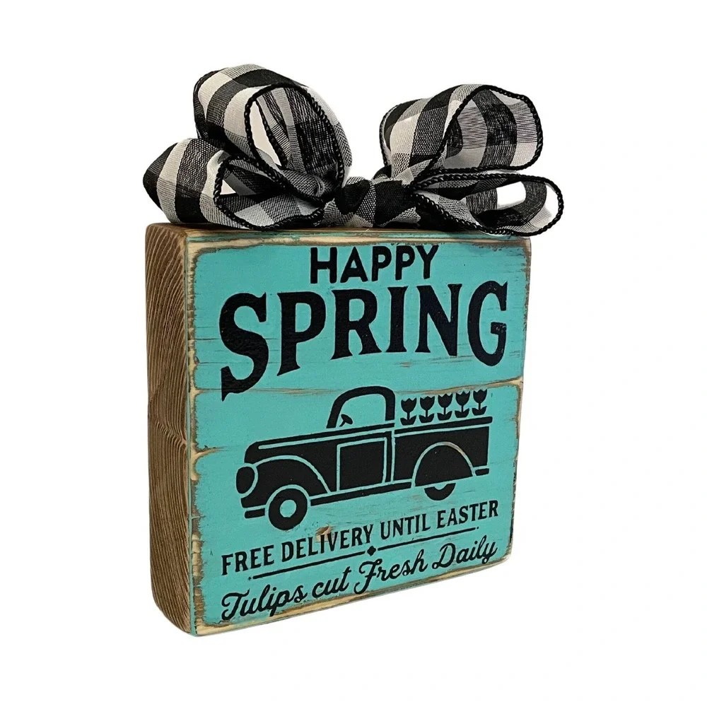 Vintage Truck Sign - Vintage‎ Truck Shelf Sitter - Teal Sign - Happy Spring